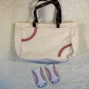Baseball Theme Beige Canvas Tote Bag & Koozies Brown Faux Leather Strap & Snap